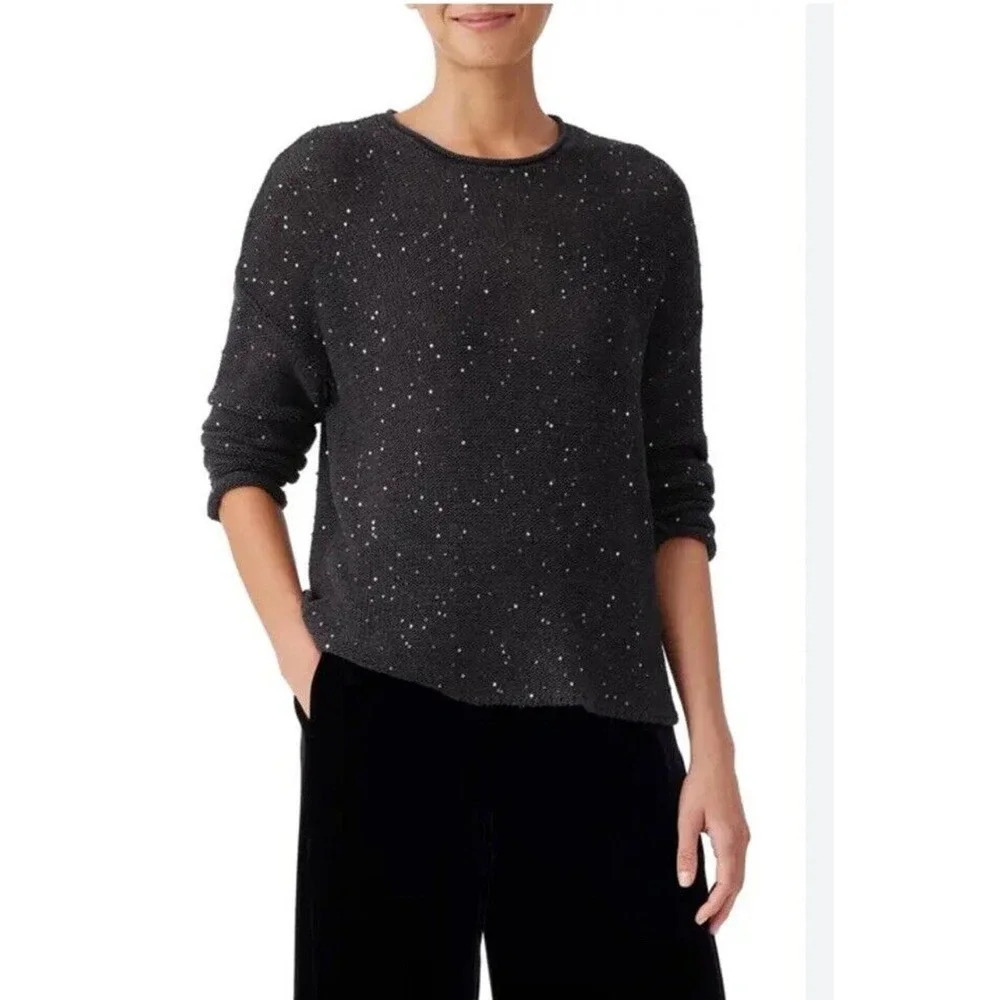 Eileen Fisher Women’s Size L Extra Fine Merino Wool Sequin Crewneck Sweater